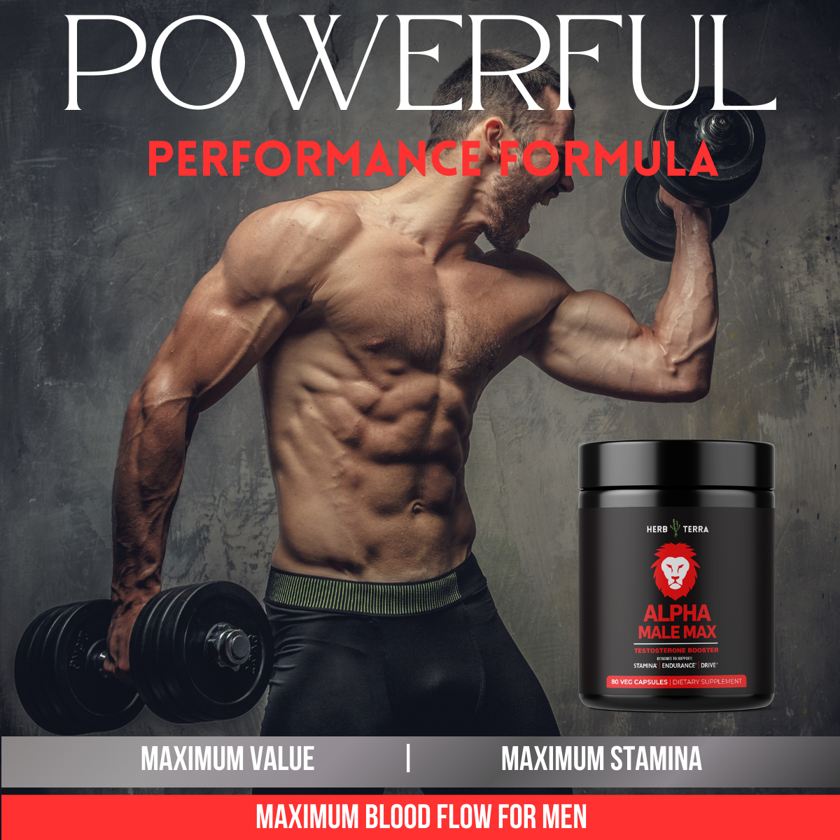Muscular man lifting weights with Alpha Male Max supplement container on a dark background