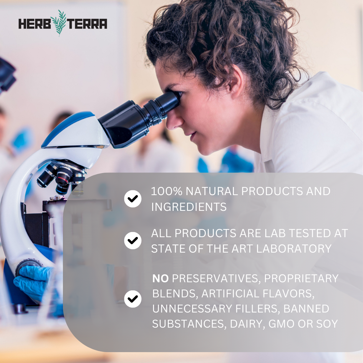 Person using microscope with product features | Herb Terra