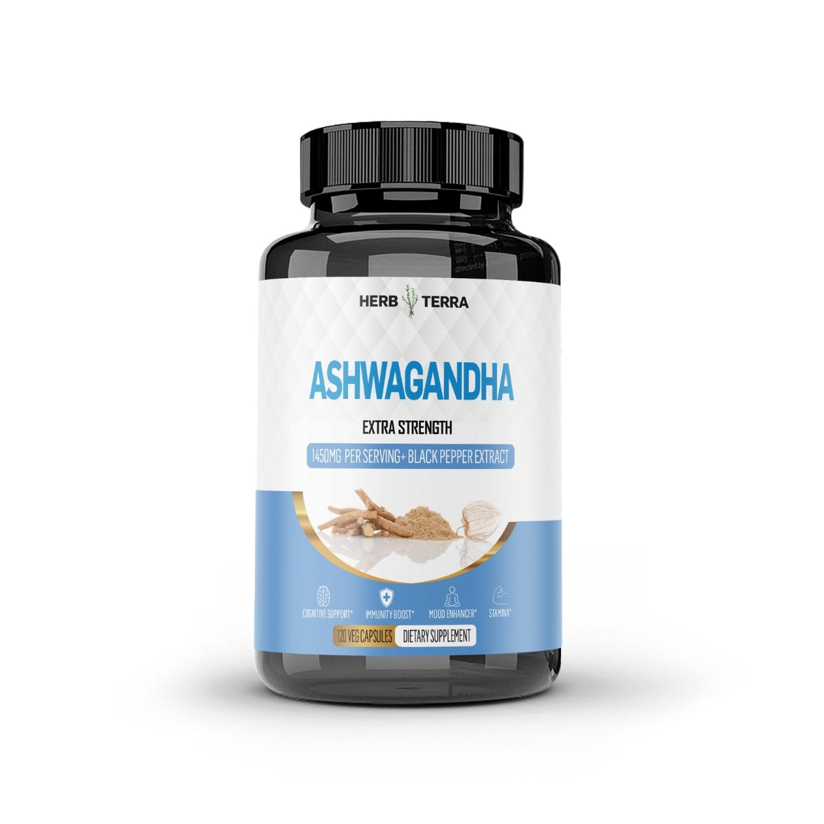 Herb Terra Ashwagandha bottle.| Herb Terra