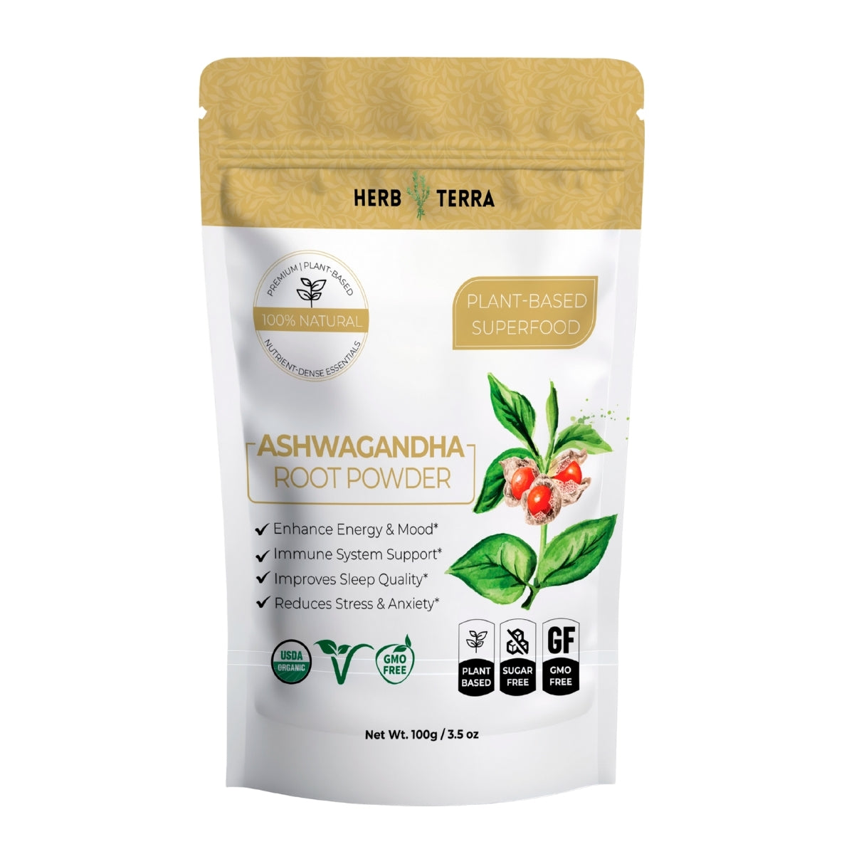 Package of Herb Terra Ashwagandha Root Powder with product information and branding visible.