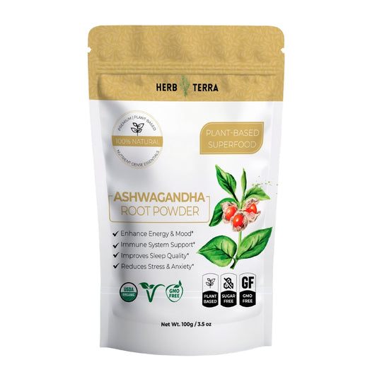 Package of Herb Terra Ashwagandha Root Powder with product information and branding visible.