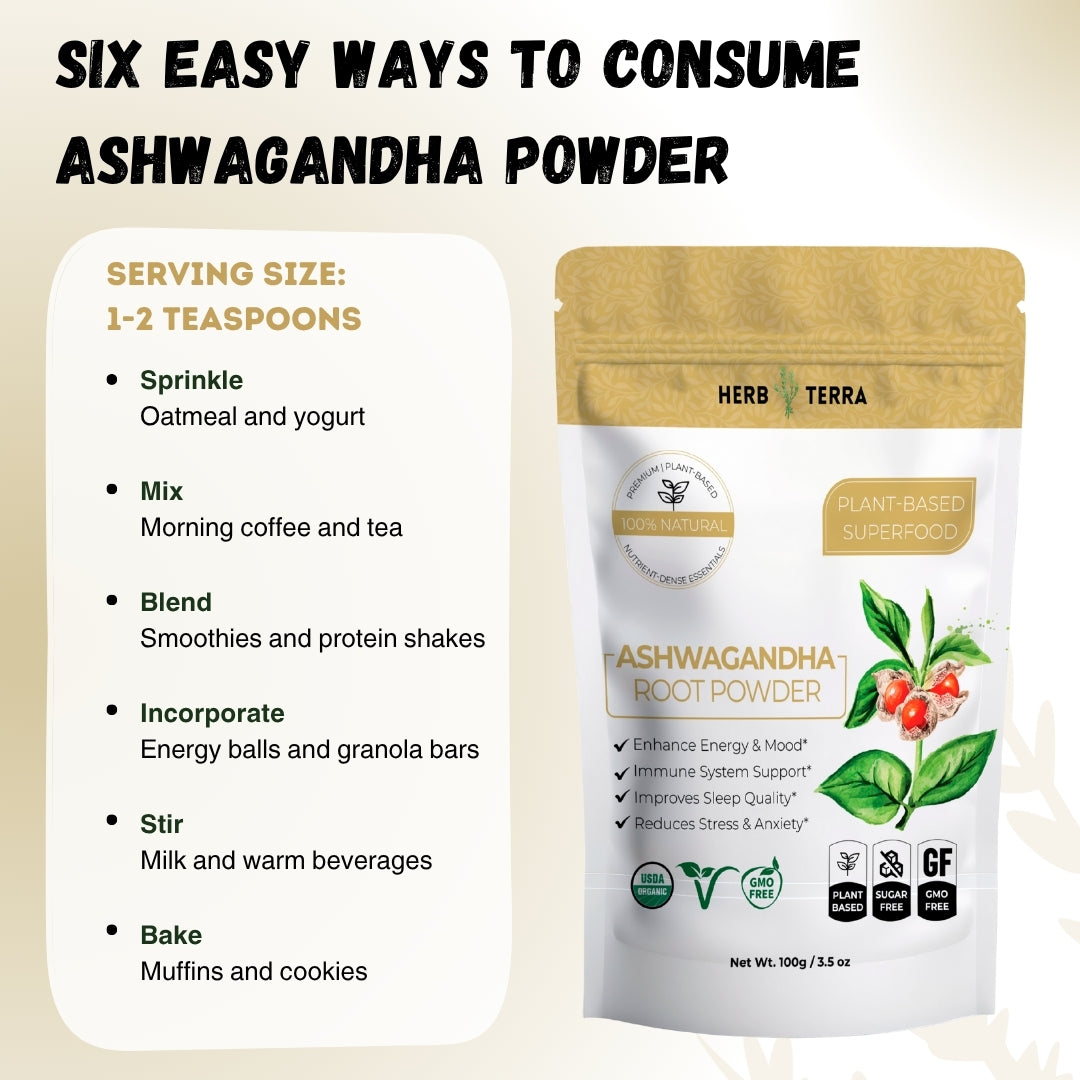 Ashwagandha powder & consumption methods.