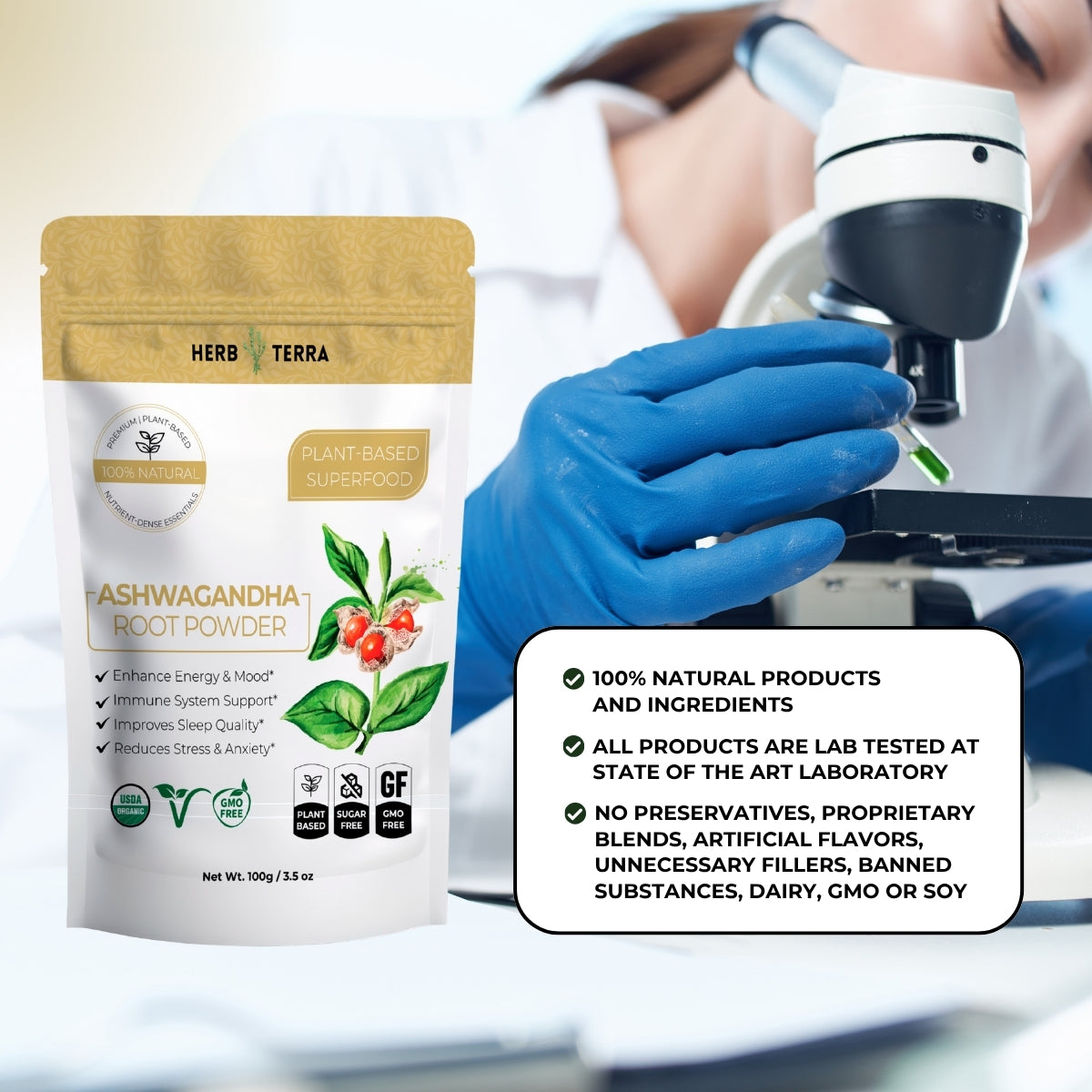 Ashwagandha powder product & lab.
