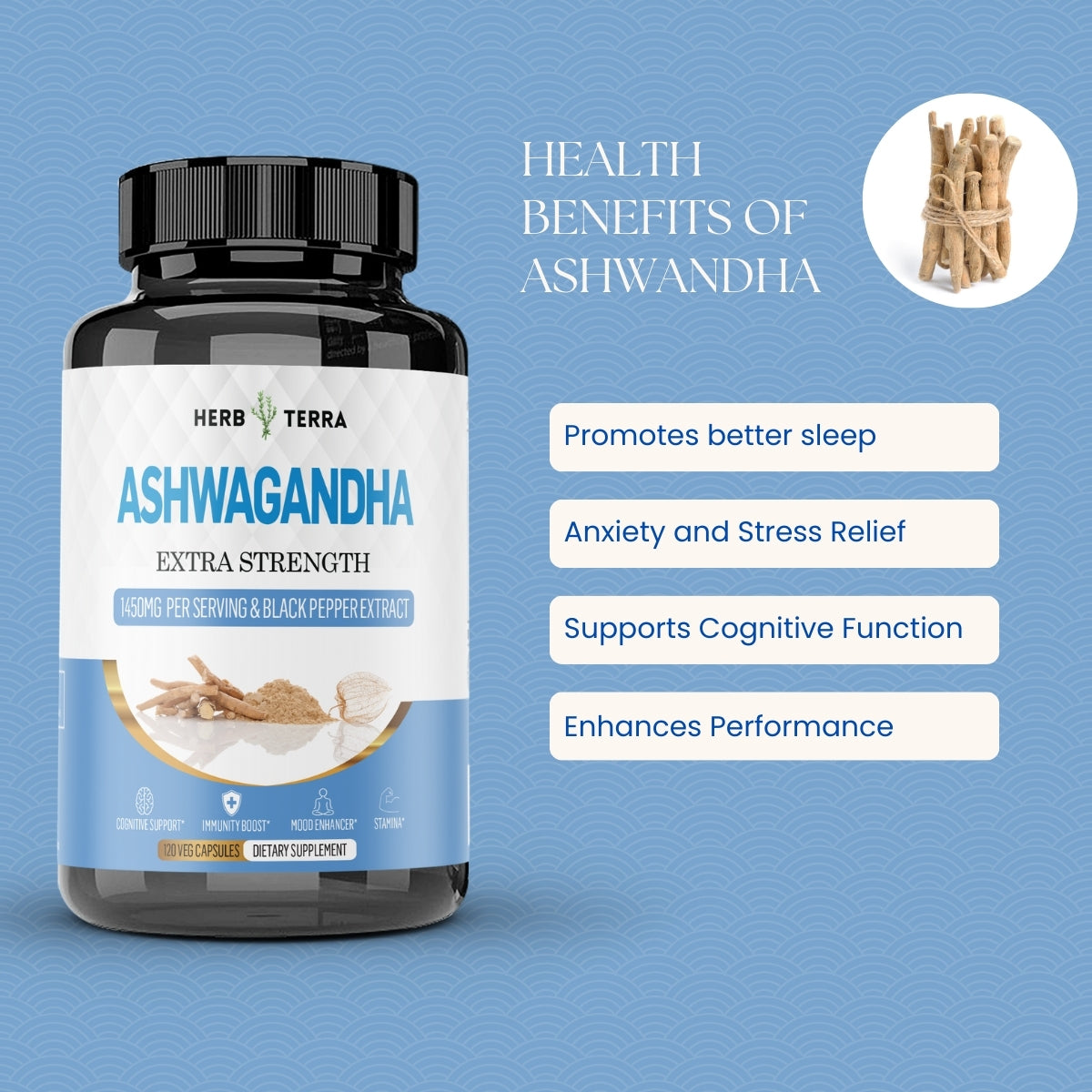Ashwagandha supplement bottle & benefits.| Herb Terra