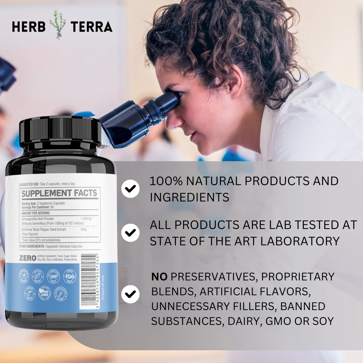 Natural supplement bottle & scientist.| Herb Terra