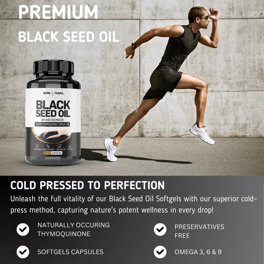 A man running next to black seed oil.
| Herb terra