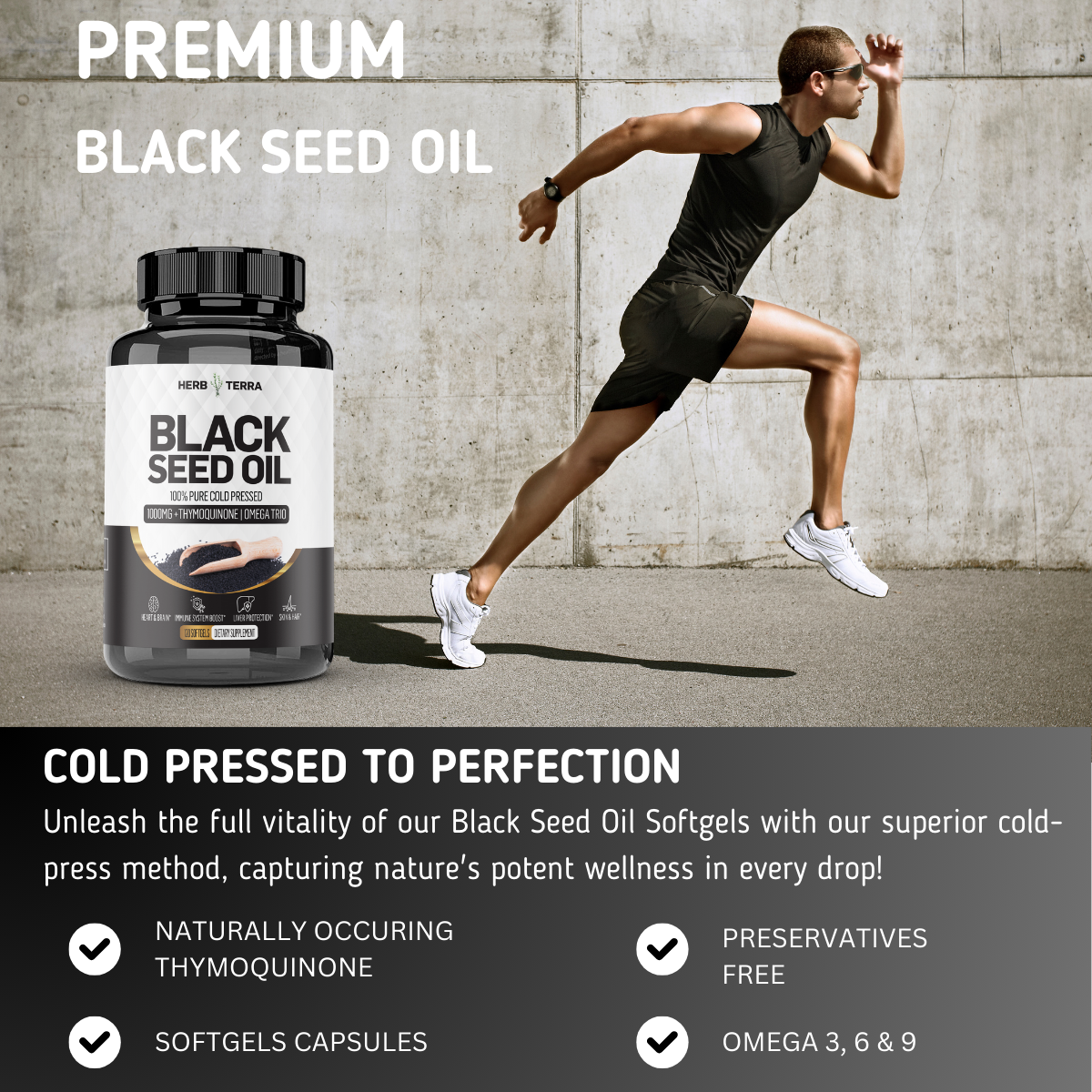 Person running with a bottle of black seed oil on a concrete surface