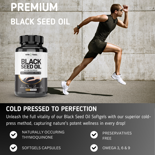 Person running with a bottle of black seed oil on a concrete surface