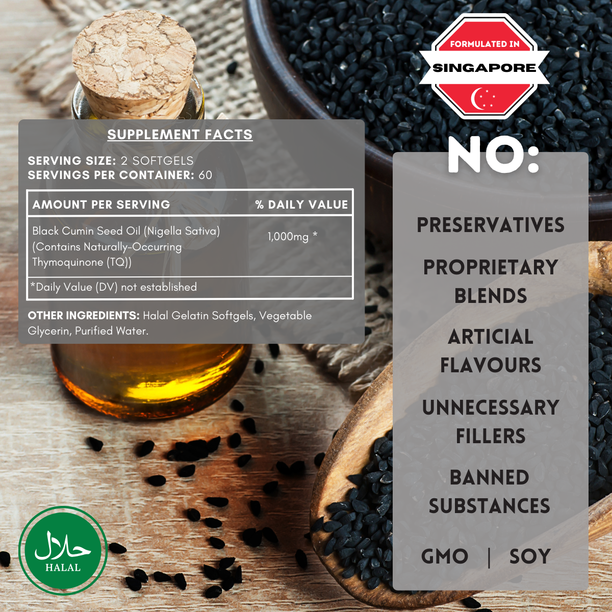 Black cumin seed oil supplement with ingredient list and health benefits text on a wooden background
