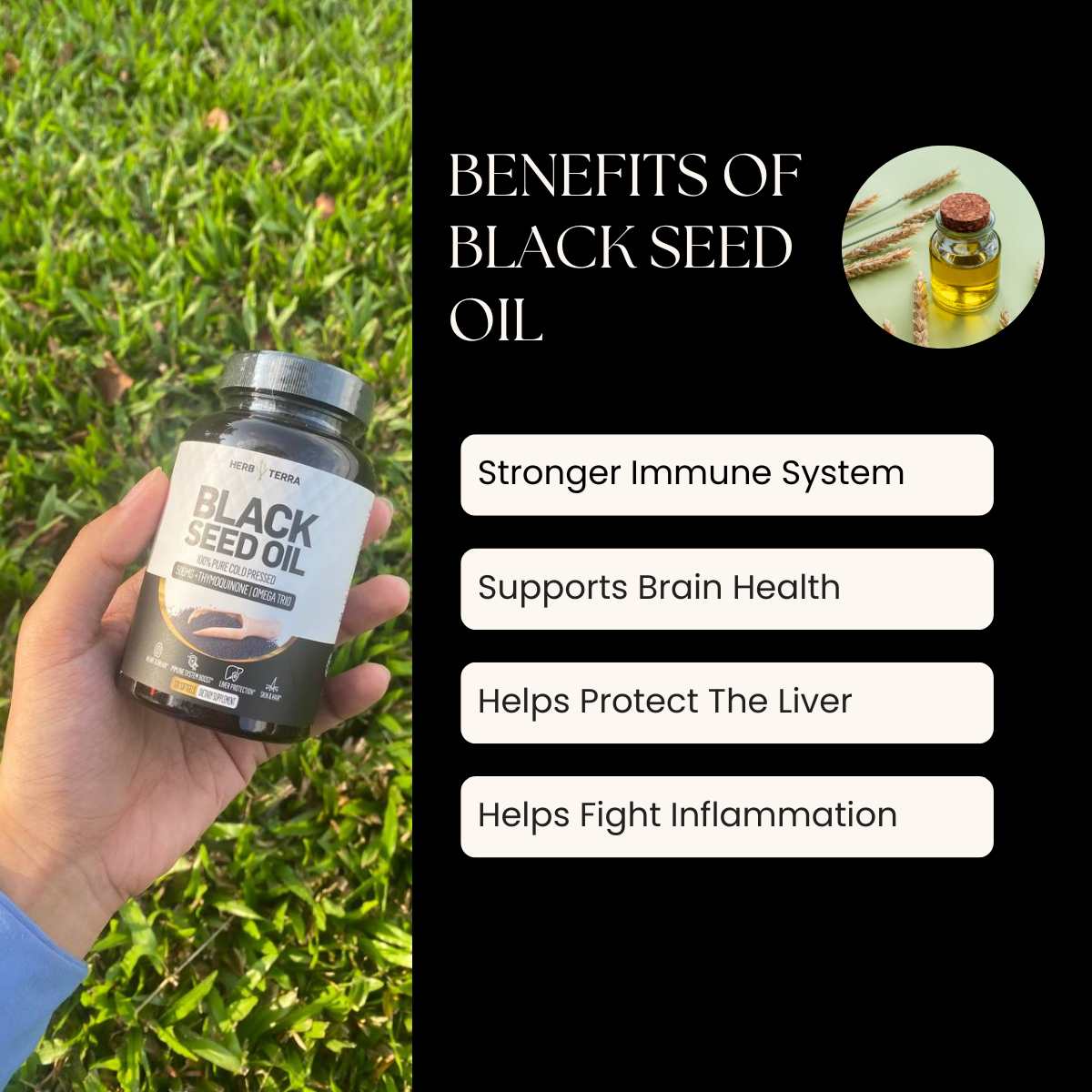 Hand holding a bottle of black seed oil with text about its benefits on a grassy background