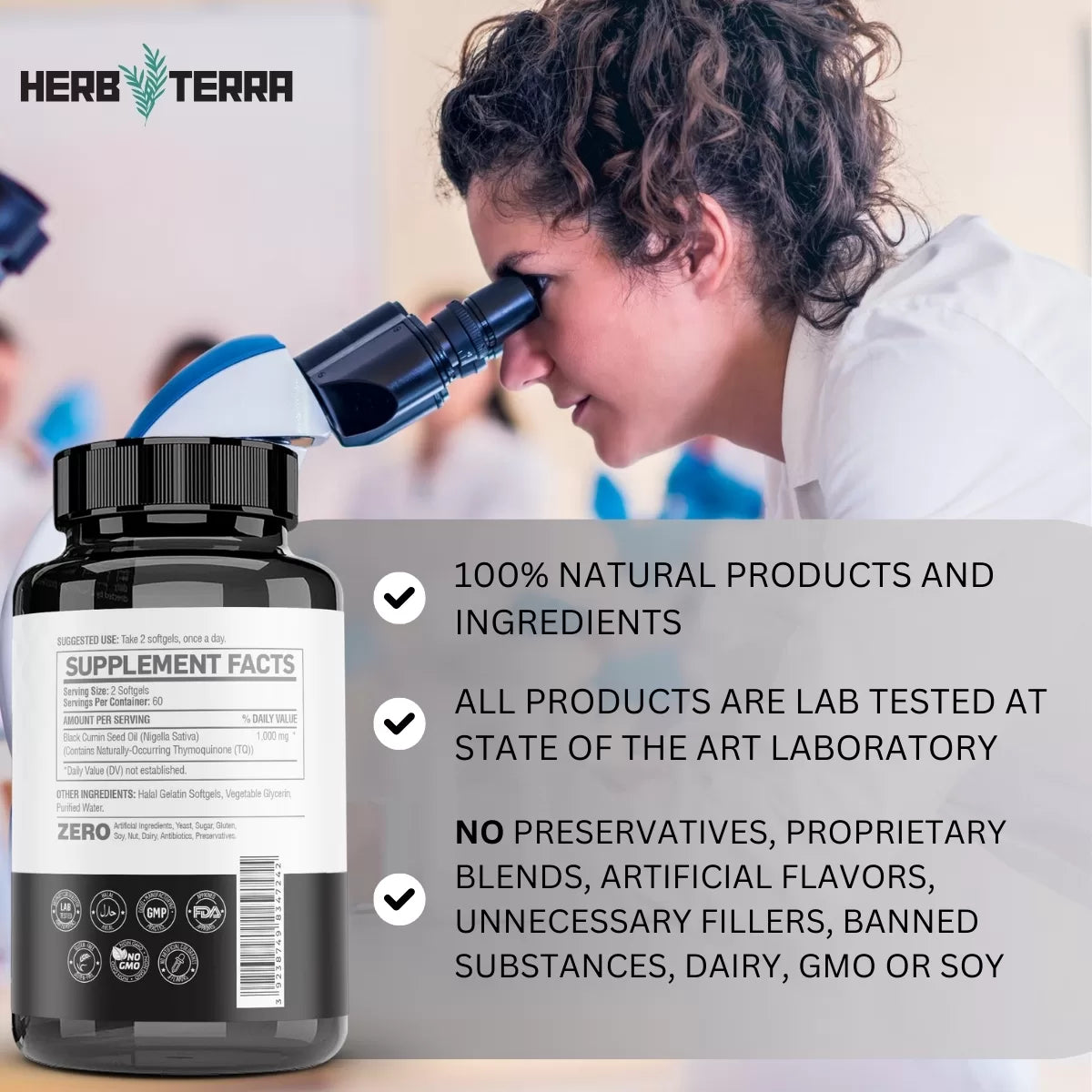 Woman viewing sample through microscope.
| Herb terra