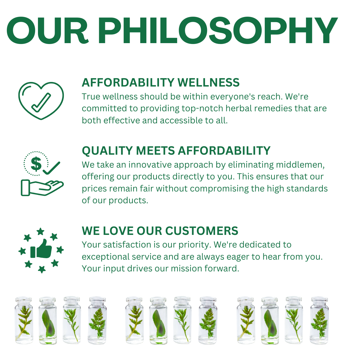 Philosophy section of a wellness brand with text and icons about affordability, quality, and customer love.
