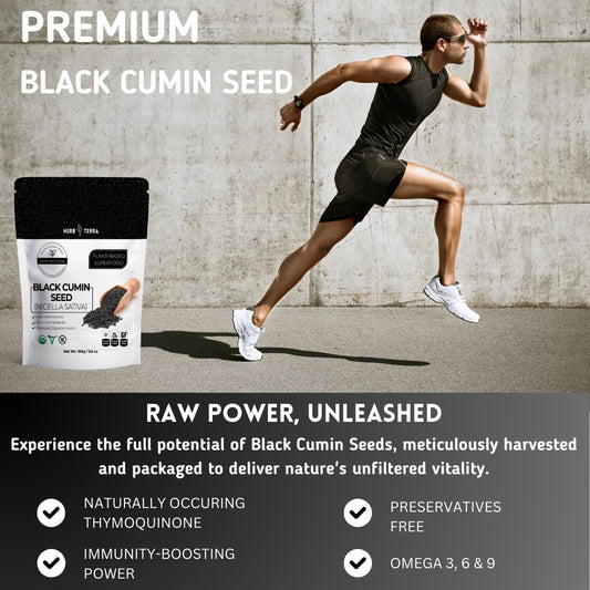 Premium Black Cumin Seed product ad.
| Herb terra