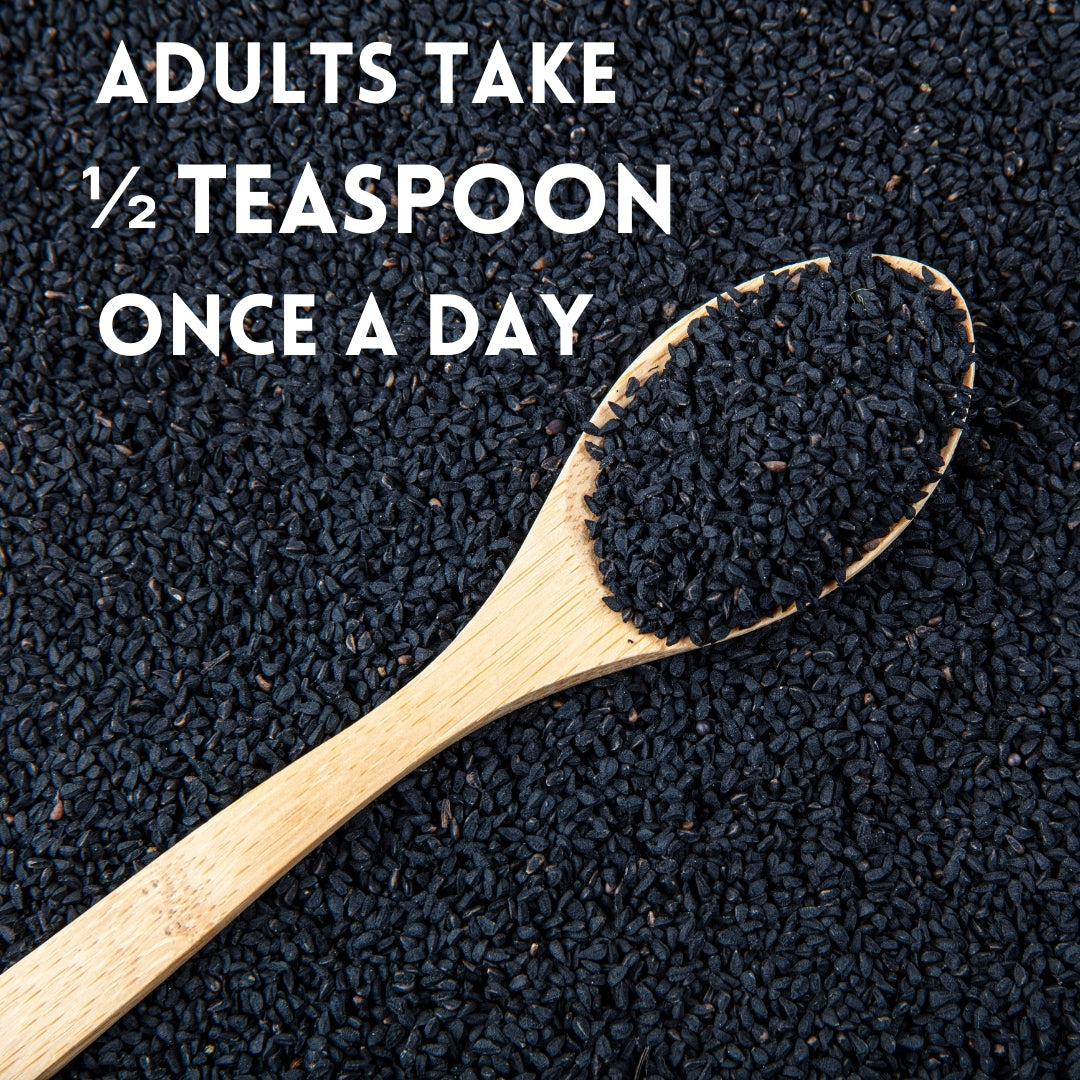 Black seeds, spoon, dosage text.
| Herb terra