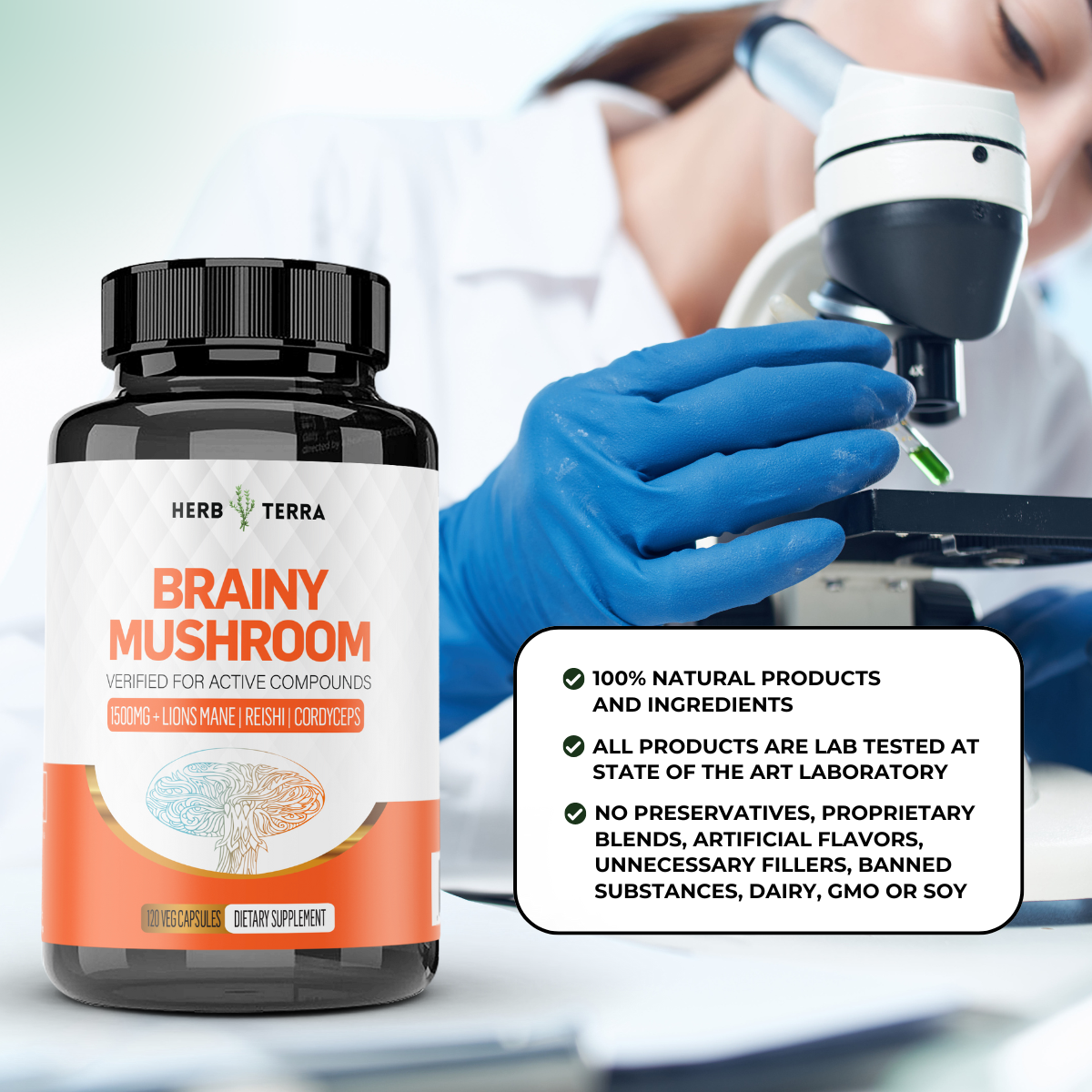 Brainy Mushroom bottle with scientist | Herb Terra