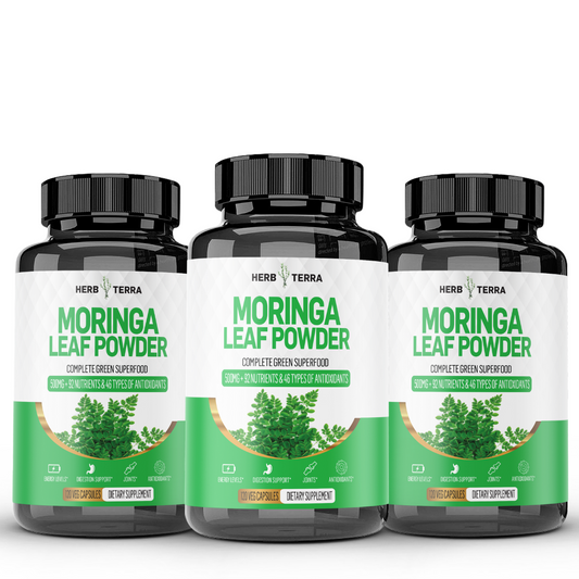 Three Moringa Leaf Powder bottles on white | Herb Terra