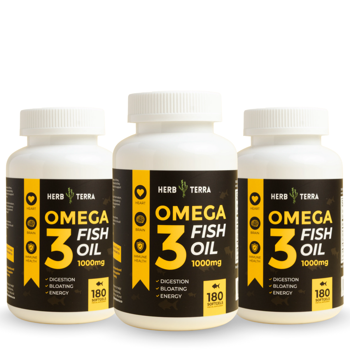 Three bottles of Herb Terra Omega 3 Fish Oil on a white background
