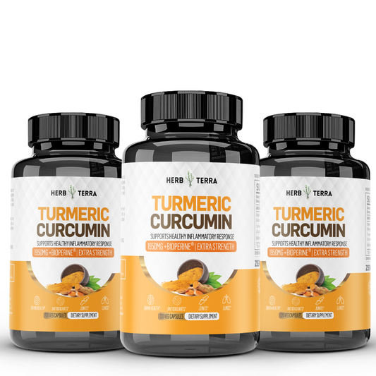 Three Turmeric Curcumin bottles on white | Herb Terra