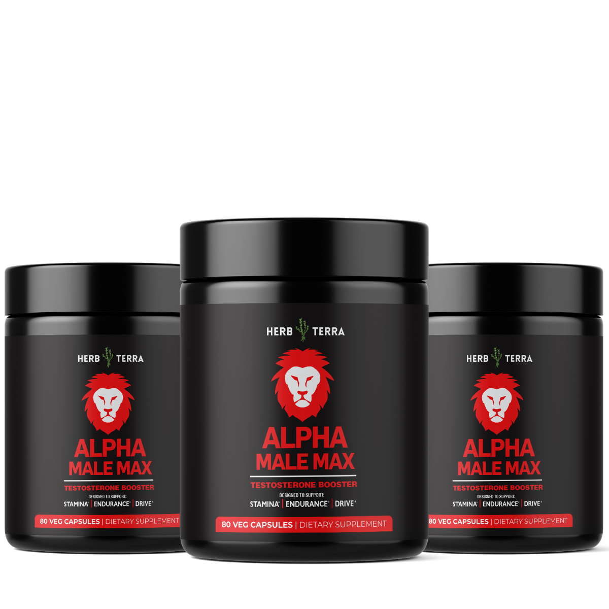 Three Alpha Male Max containers on white | Herb Terra