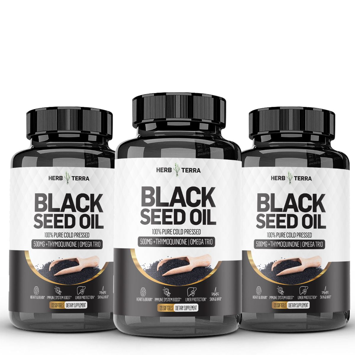 Three bottles of Herb Terra Black Seed Oil on a white background