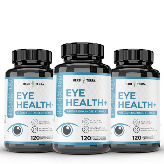 Three bottles of Herb Terra Eye Health+ supplements on a white background