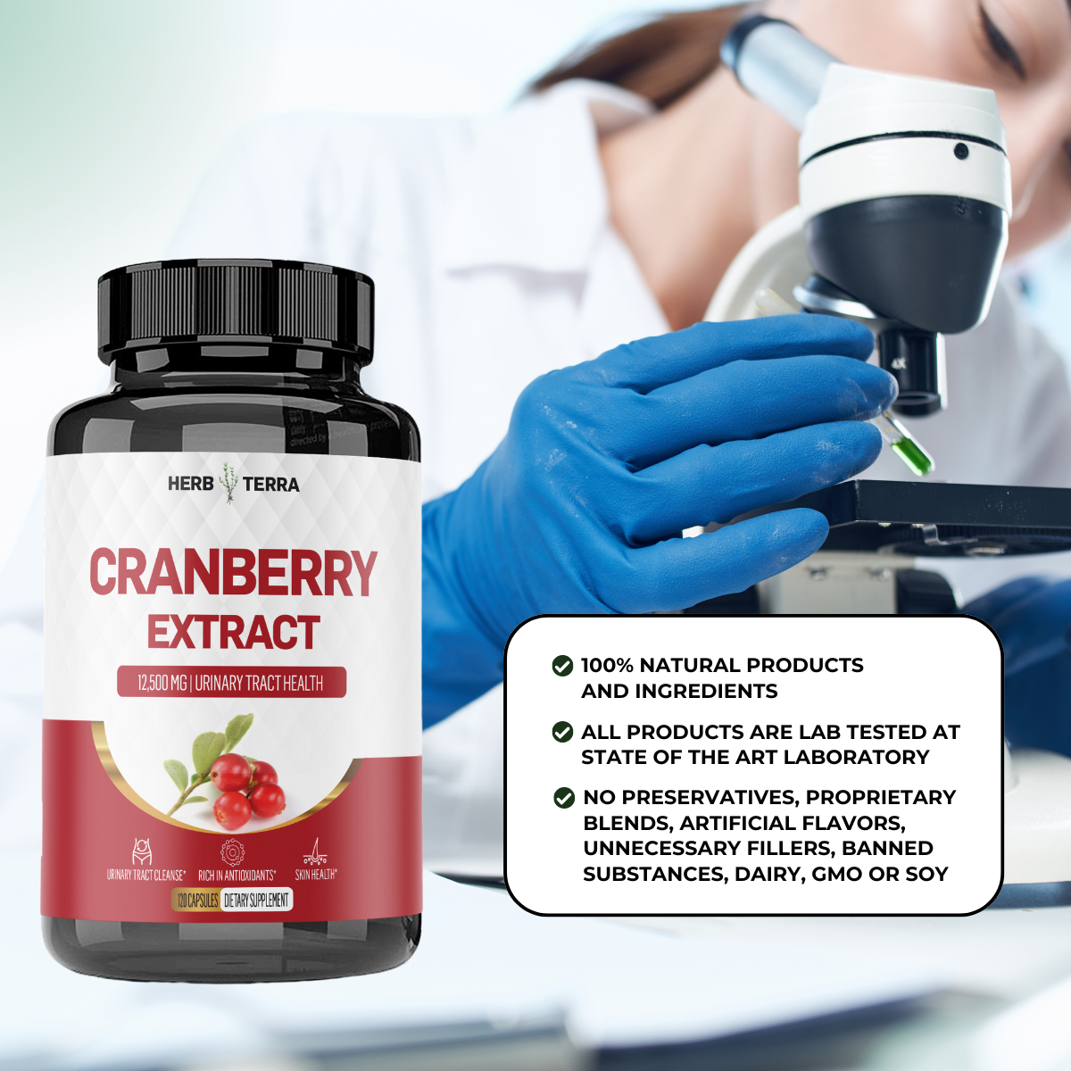 Herb Terra Cranberry Extract supplement bottle with a scientist in the background using a microscope.