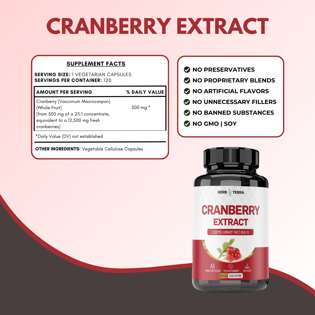 Cranberry extract supplement bottle with label and supplement facts on a pink and brown background