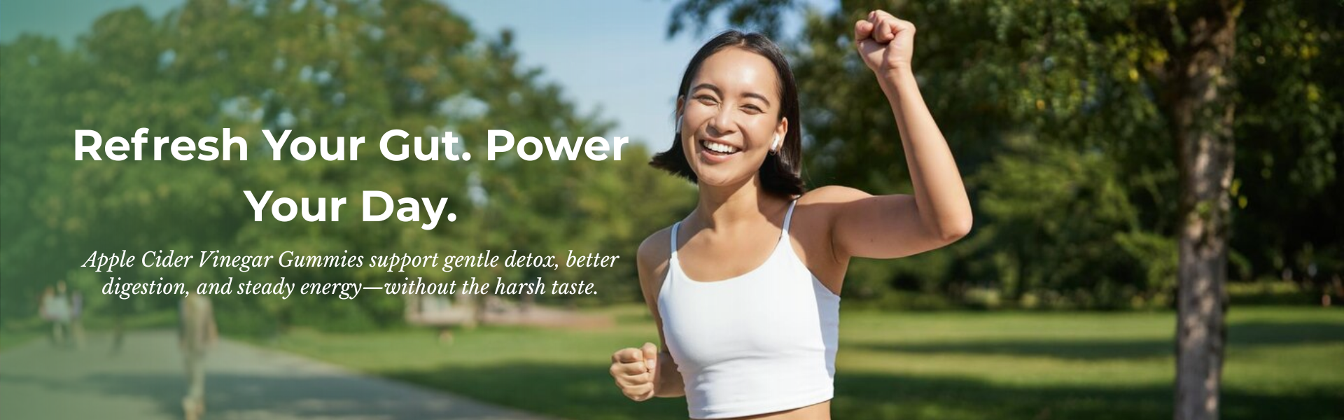 Woman running in a park with a product promotion overlay. | Herb terra