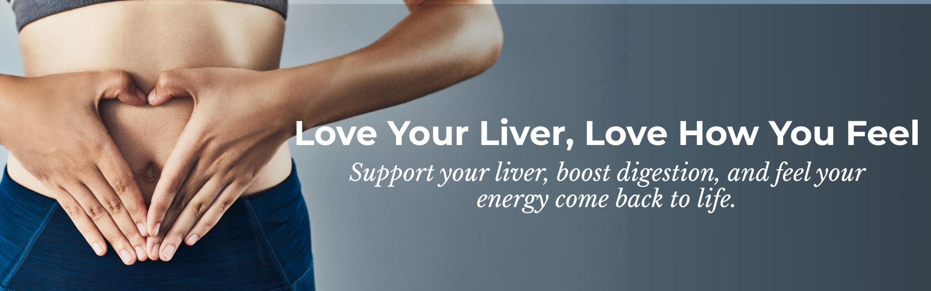 Person forming a heart shape with hands on a blue background with text about liver health.