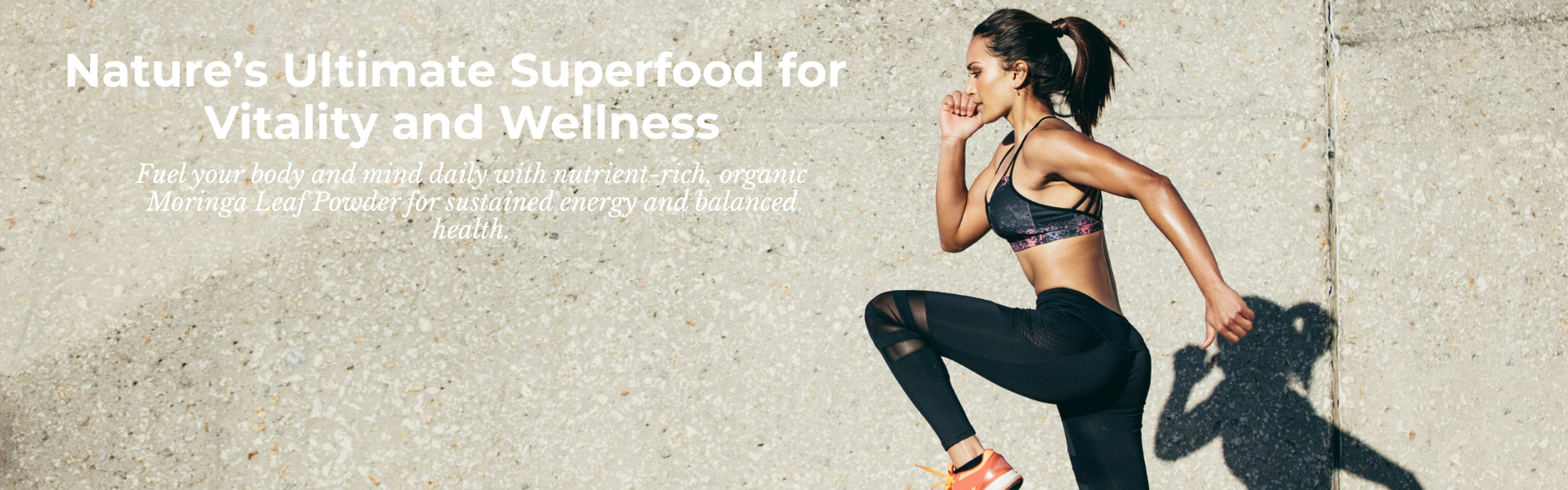 Woman exercising outdoors with promotional text about a product for vitality and wellness.