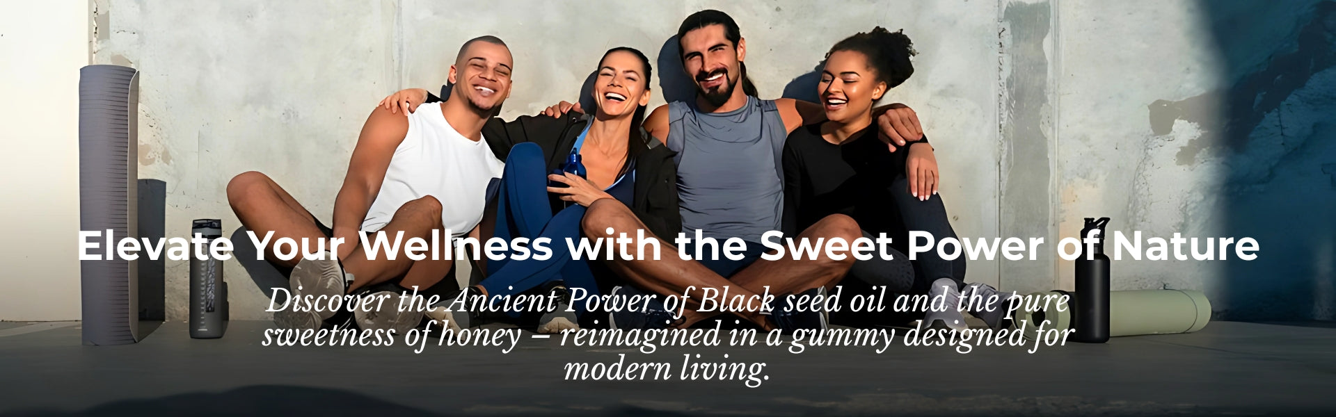 Group of people sitting together with a product advertisement overlay.