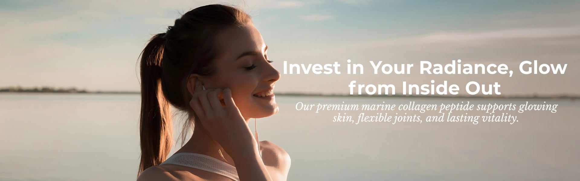 Woman touching her face with a scenic background and text about marine collagen peptides.