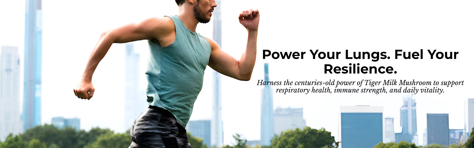 Man running with text about Tiger Milk Mushroom benefits in the background