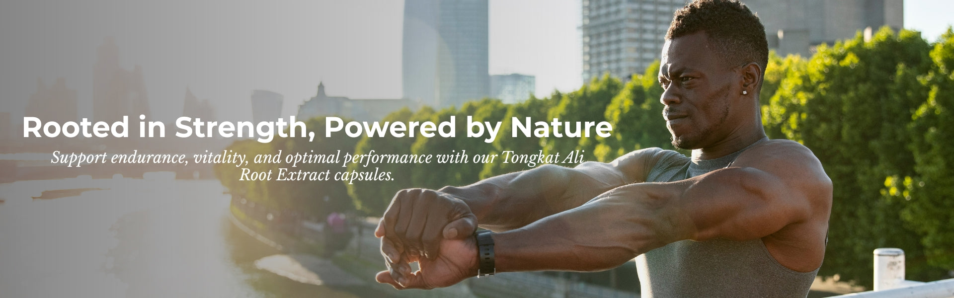 Man exercising outdoors with promotional text about Tongan Ali Root Extract capsules.