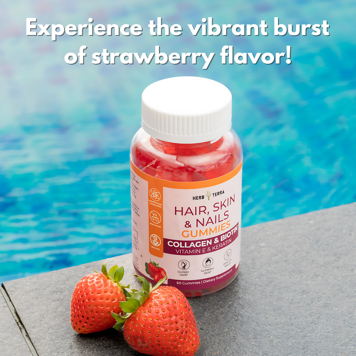 Hair, Skin & Nails Gummies, strawberry bottle | Herb Terra