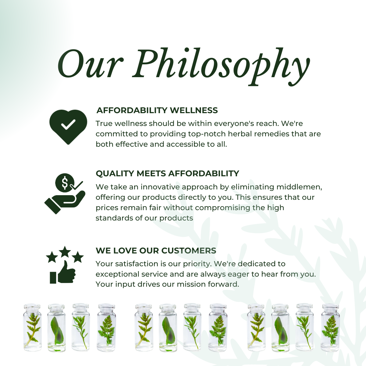 Philosophy section of a wellness brand with text and icons on a light background