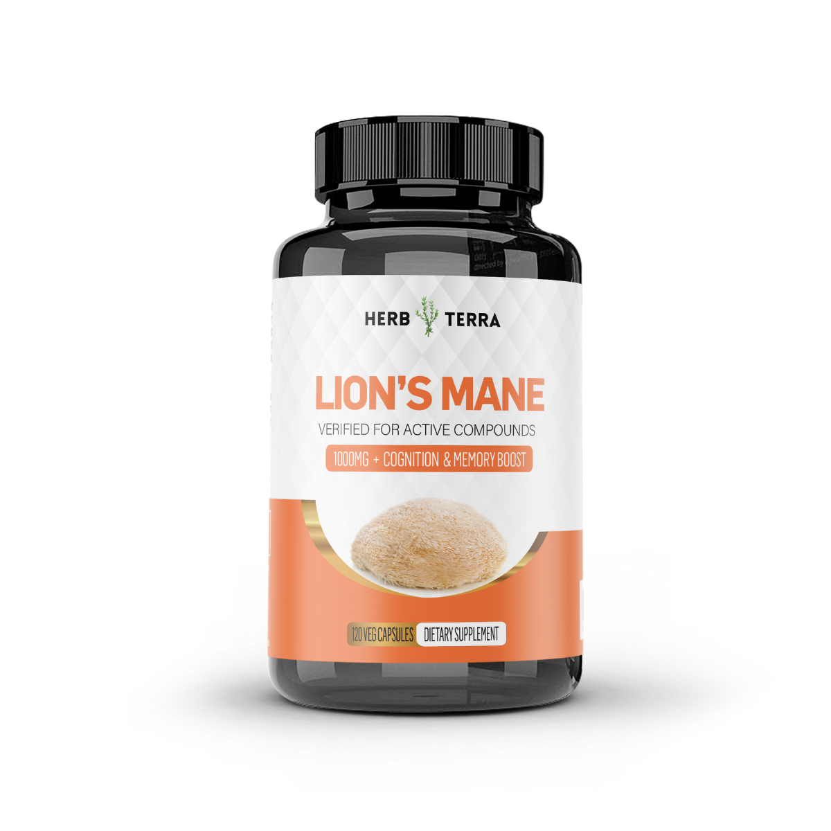 Herb Terra Lion's Mane dietary supplement bottle on a white background