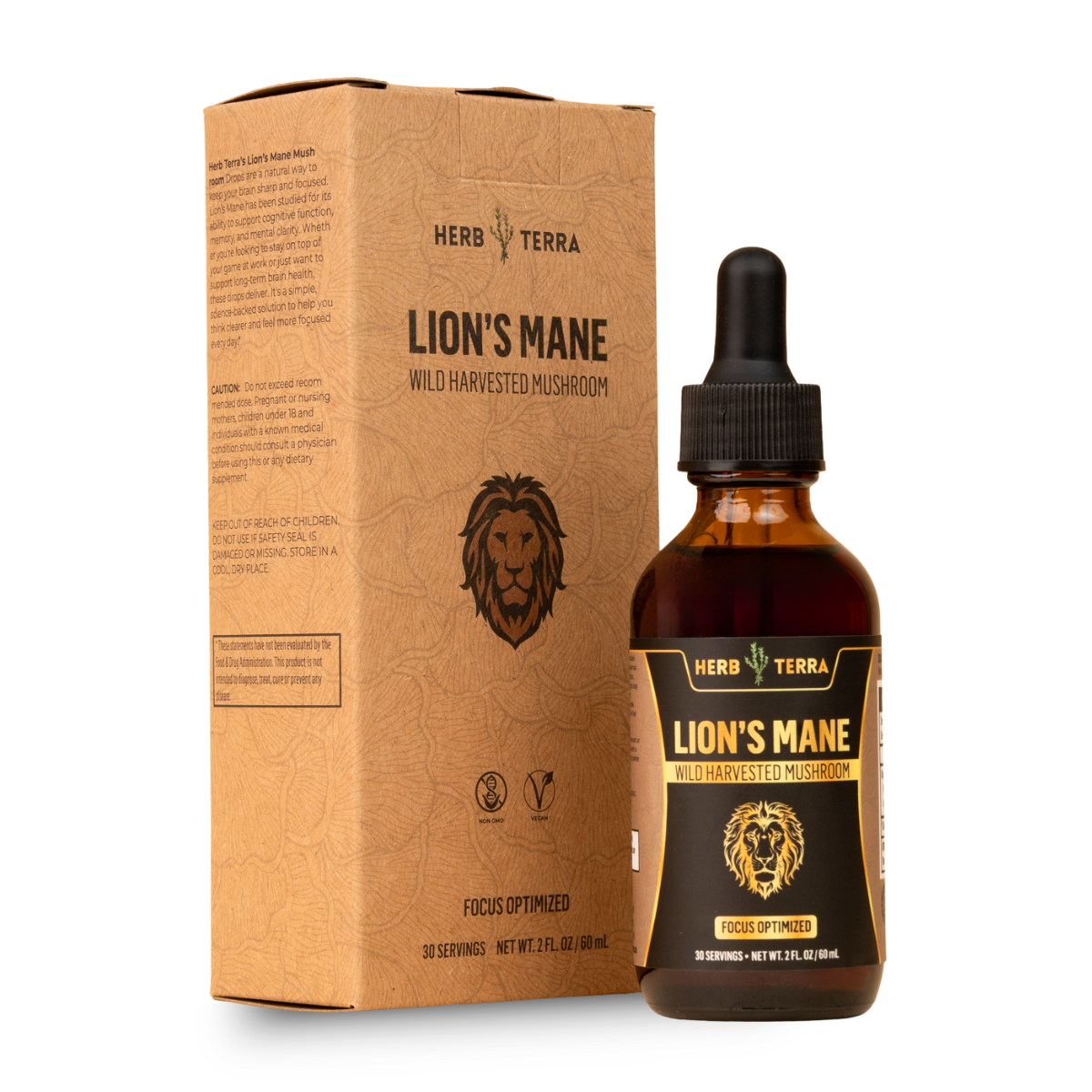 Herb Terra Lion's Mane supplement bottle and packaging on a white background
