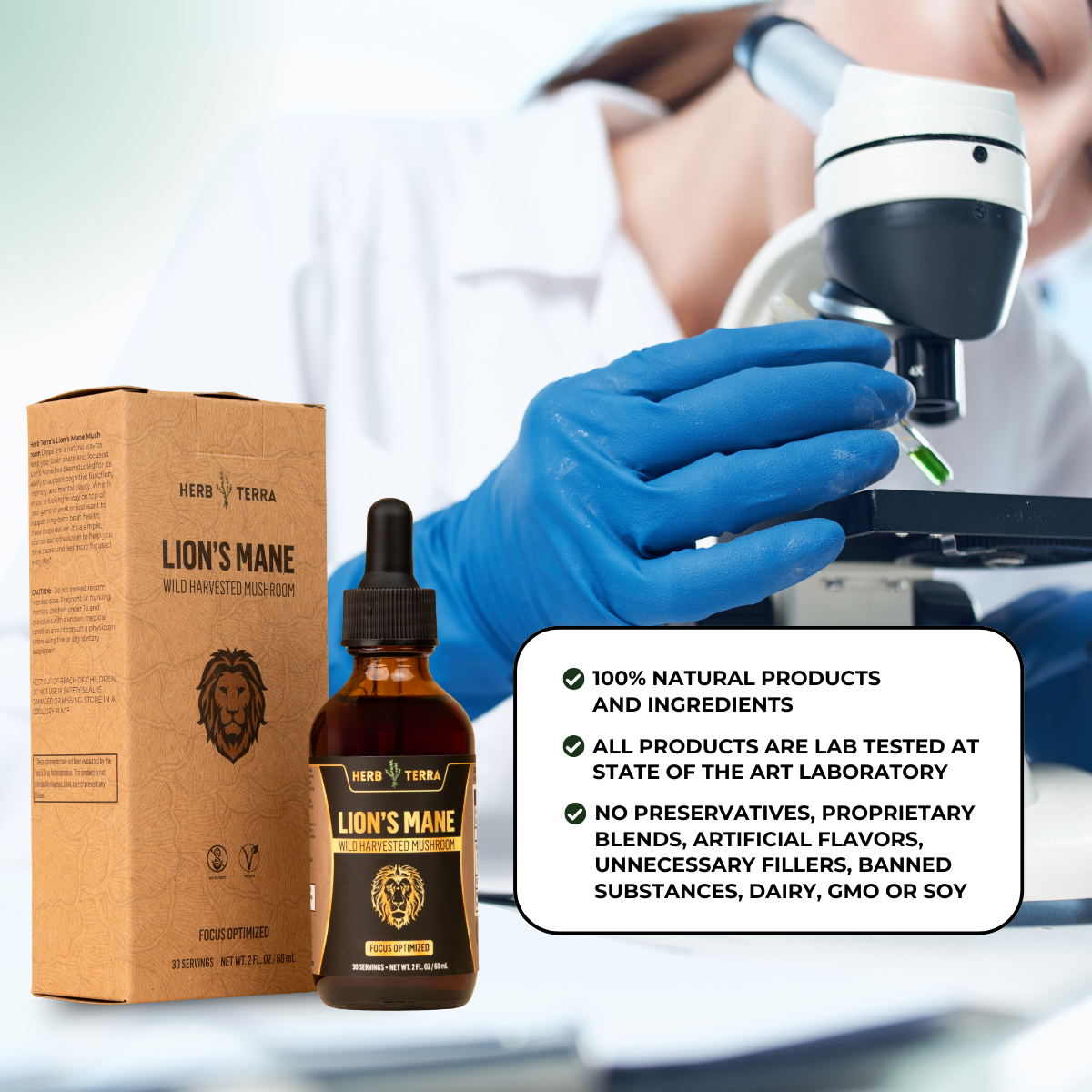 Herb Terra Lion’s Mane bottle and packaging with scientist in lab.