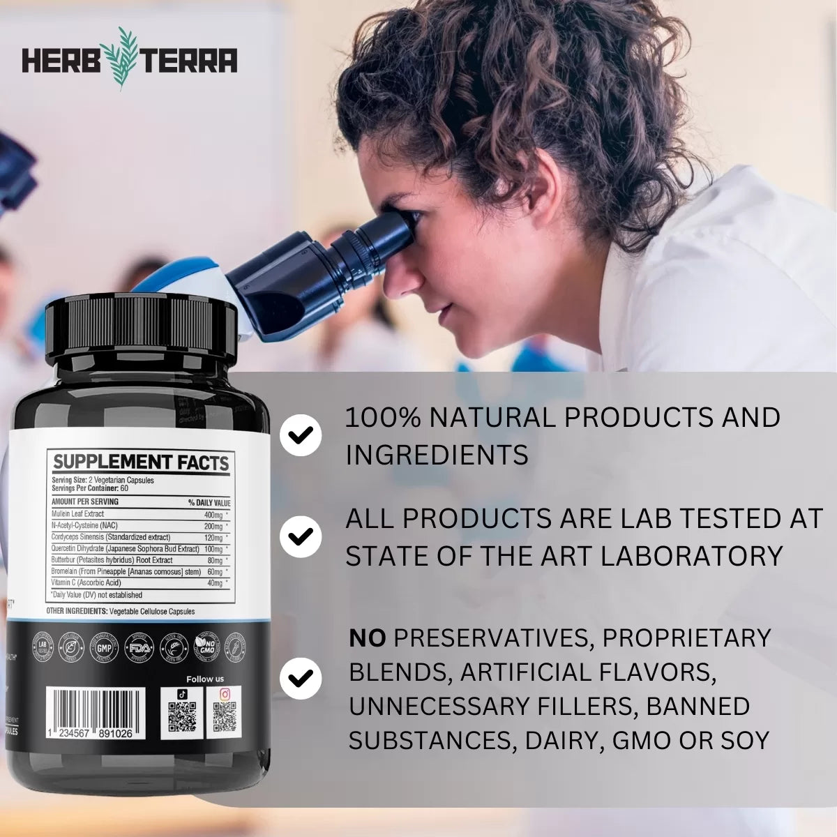 Herb Terra supplement bottle and lab.
| Herb terra