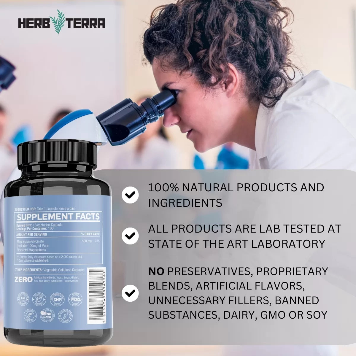 Supplement bottle, scientist, lab test.
| Herb terra