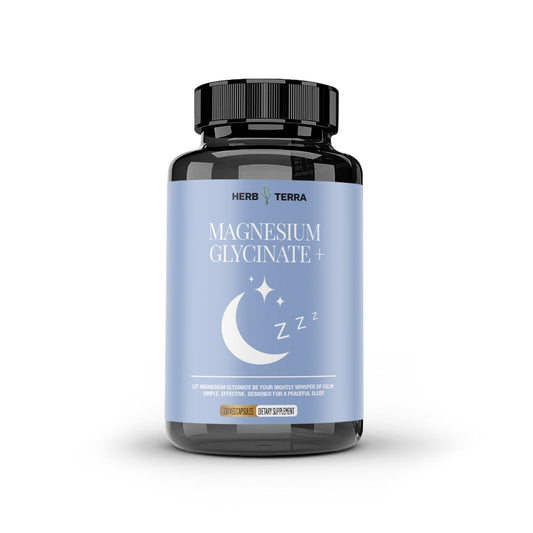 A bottle of Herb Terra Magnesium Glycinate 500 mg capsules.