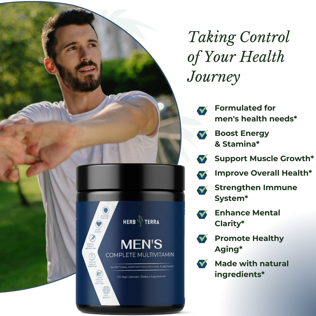 Man with multivitamin bottle, Herb Terra.| Herb Terra