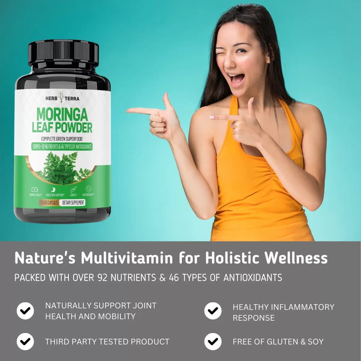 Moringa powder, woman, wellness.
| Herb terra