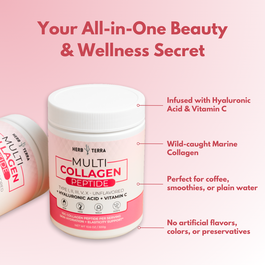 Multi Collagen Peptide container on pink | Herb Terra
