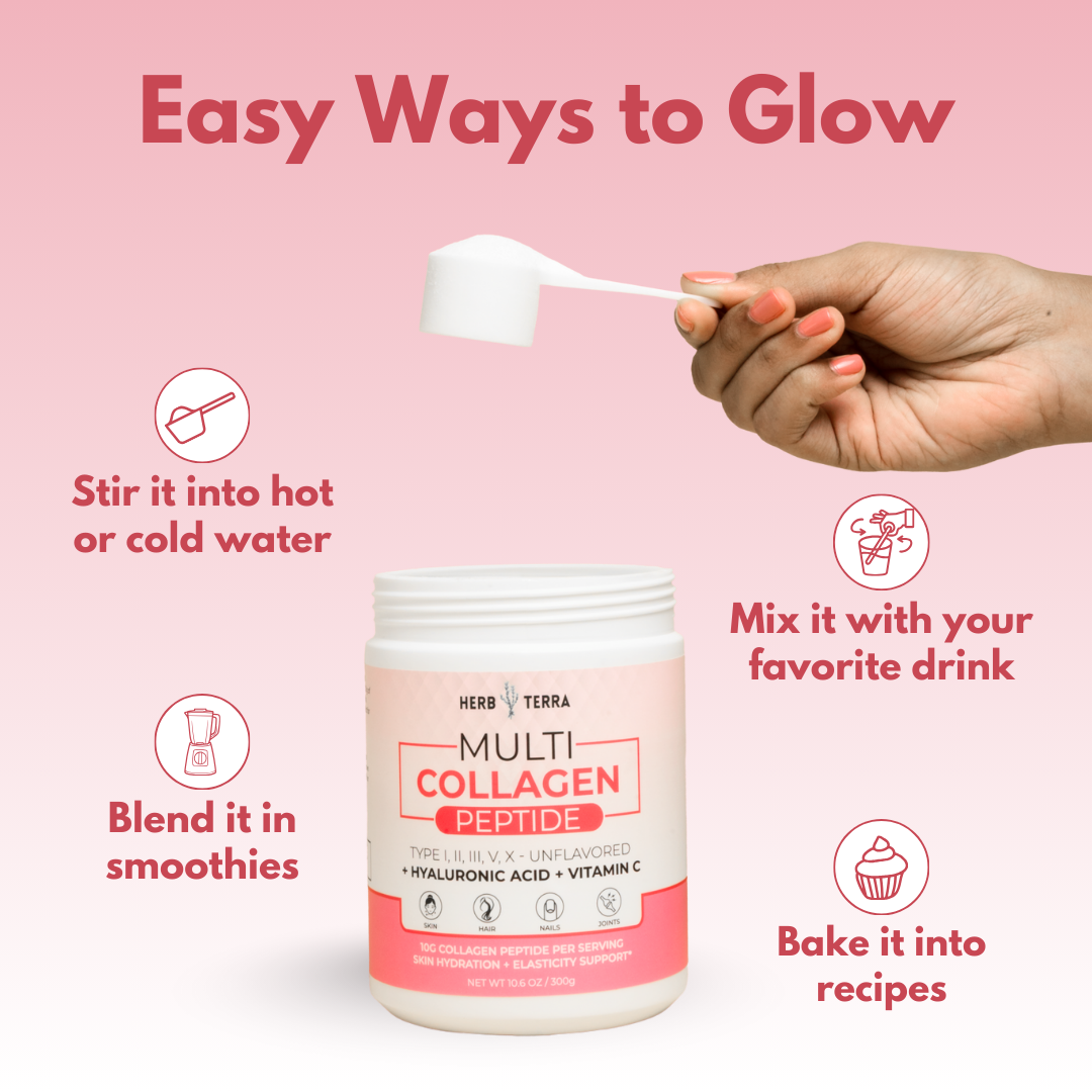 Herb & Terra Multi Collagen Peptide container with usage instructions on a pink background