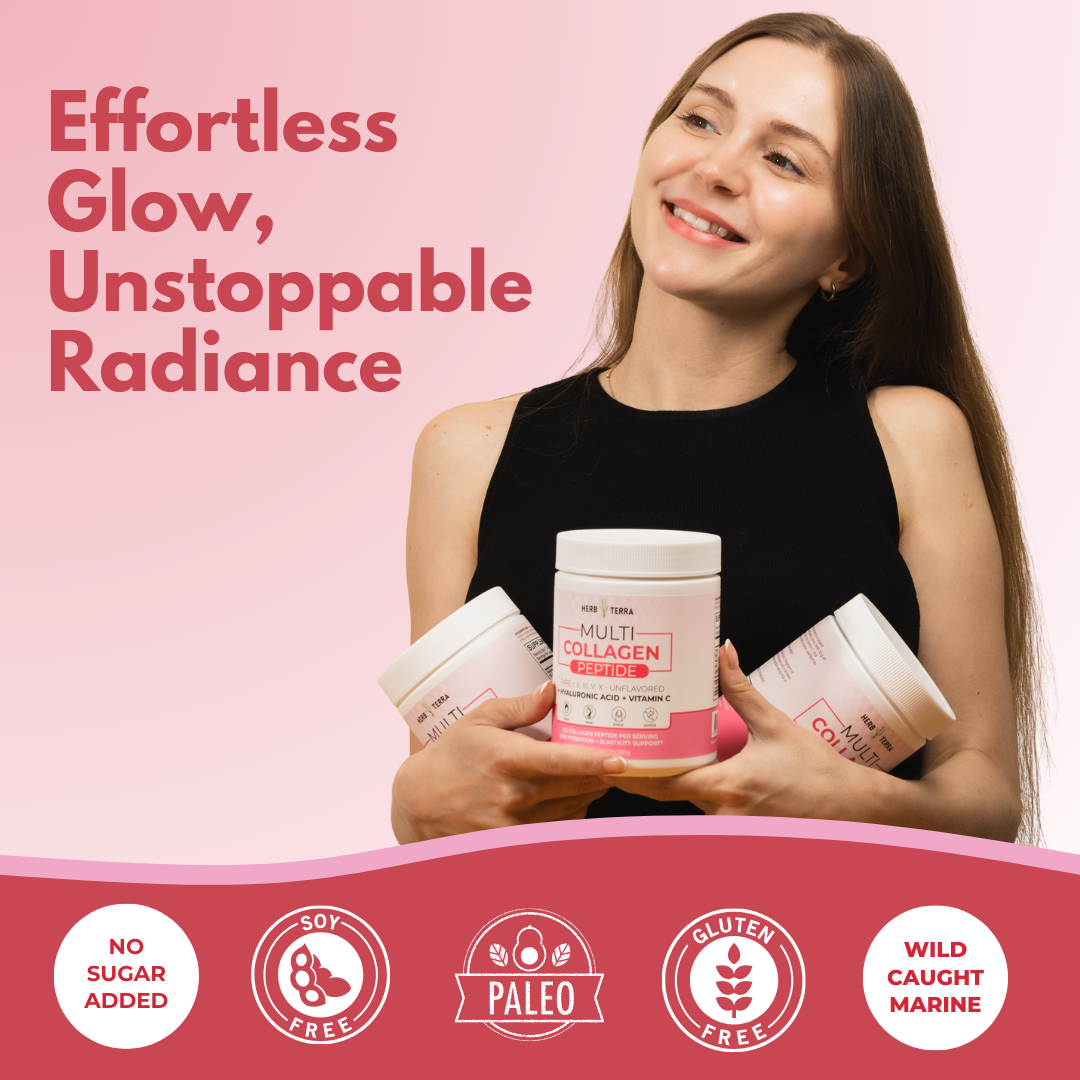 Woman holding collagen bottles on pink | Herb Terra