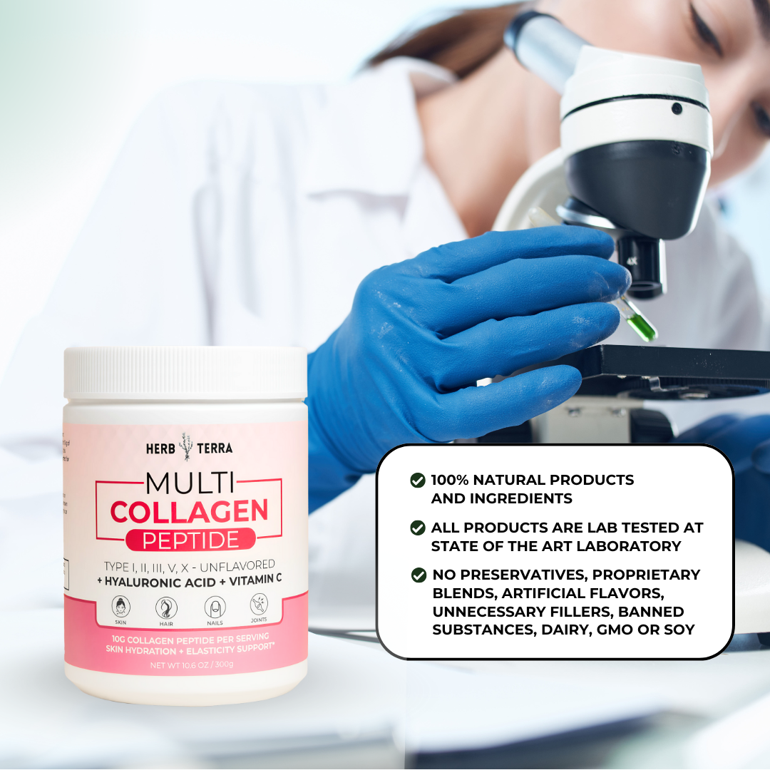 Multi Collagen Peptide jar with scientist | Herb Terra