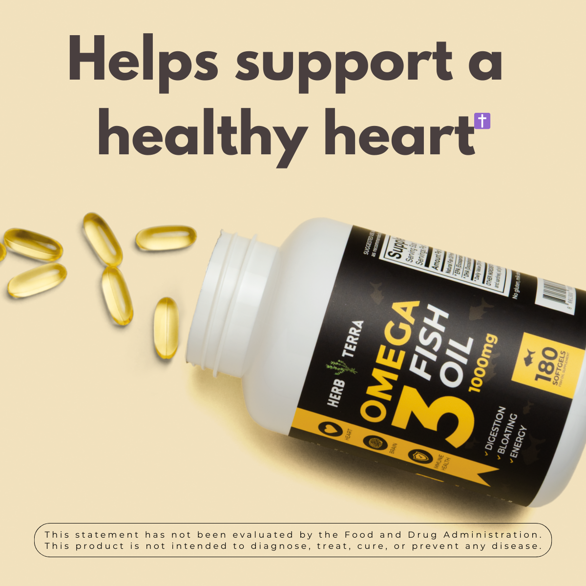 Omega fish oil supplement bottle with pills on a beige background