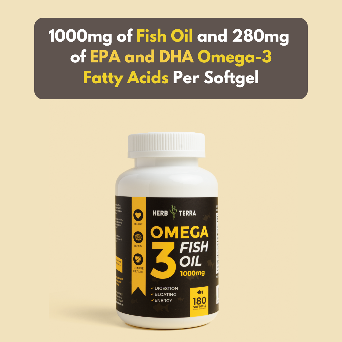 Omega-3 fish oil supplement bottle with label on a beige background